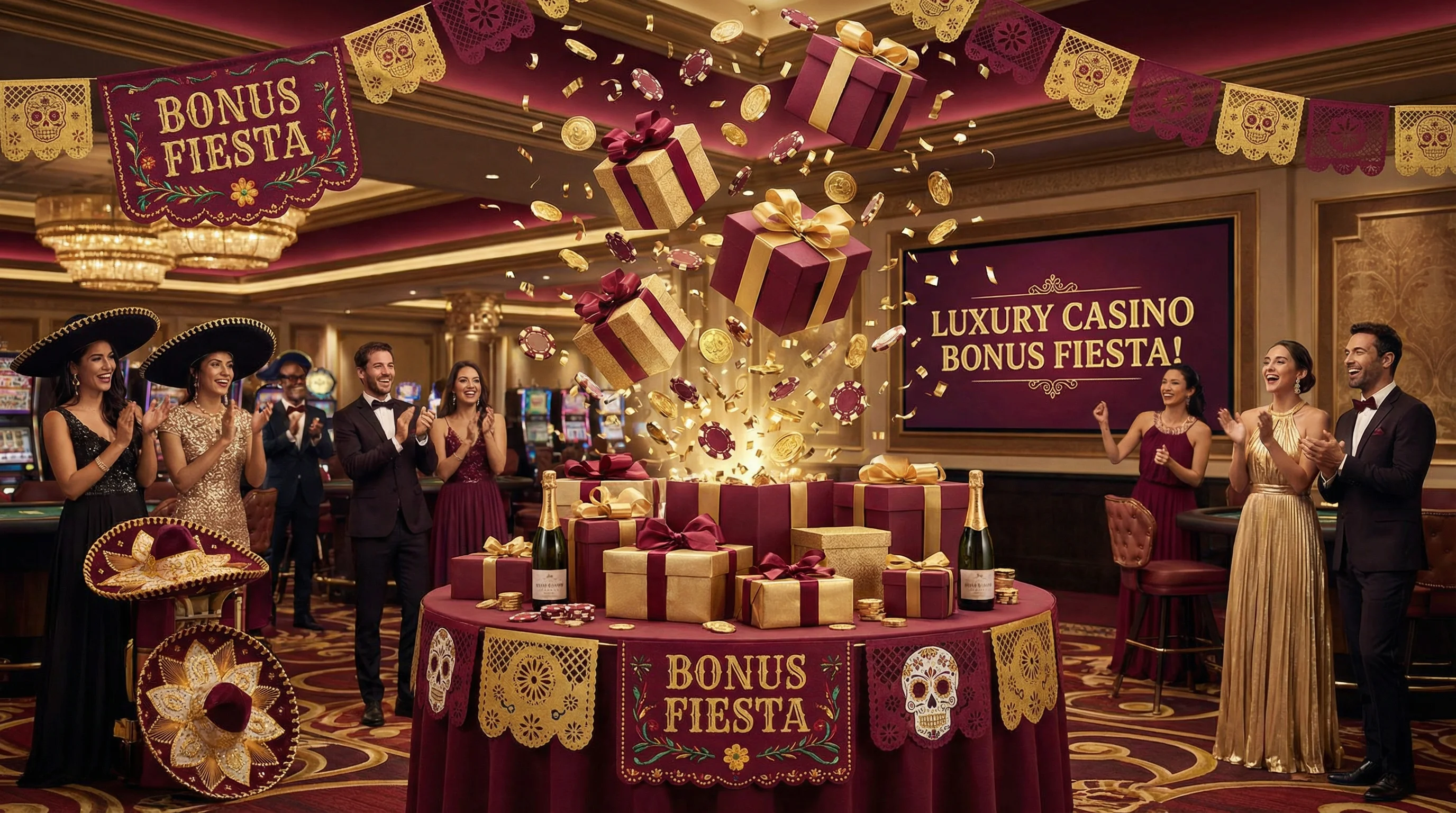 Celebración de bonos de casino con regalos y monedas doradas